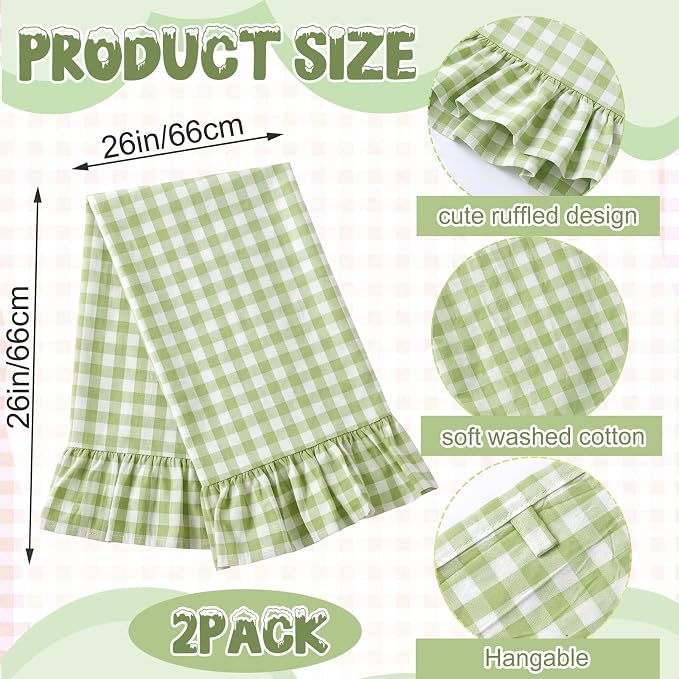 HunnmingRe 2 Pcs Mint Green Gingham Kitchen Towels Cotton Ruffled | Checked Dish Towels 18"x28" Tea Cloths Plaid Cottage Core Kitchen Decor for Farmhouse Charm Drying Dishes Entertaining Guests