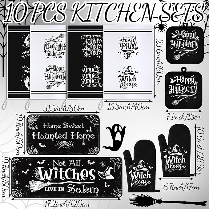 Fanfanwin 10 Pcs Halloween Kitchen Decor Accessories Set Witch Style | Halloween 4 Kitchen Towels 2 Pot Holders 2 Oven Mitts 2 Rugs Set, for Baking Cooking BBQ Autumn Home Decor Holiday Gifts