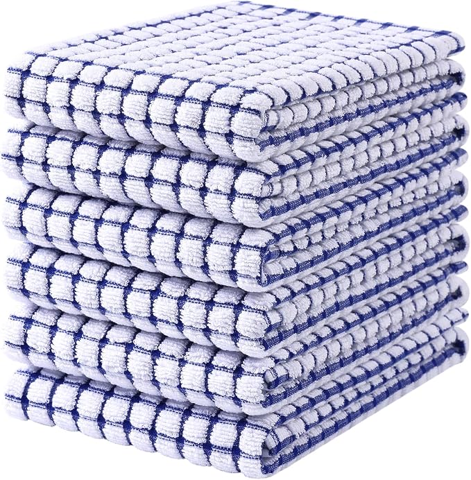 Mordimy Premium Cotton Kitchen Towels 16"x 25", Blue Check Design, 6 Pack | Super Absorbent Terry Kitchen Hand Towels, Large Natural Ring Spun 360 GSM Dish Towels, Soft Tea Towels with Hanging Loop