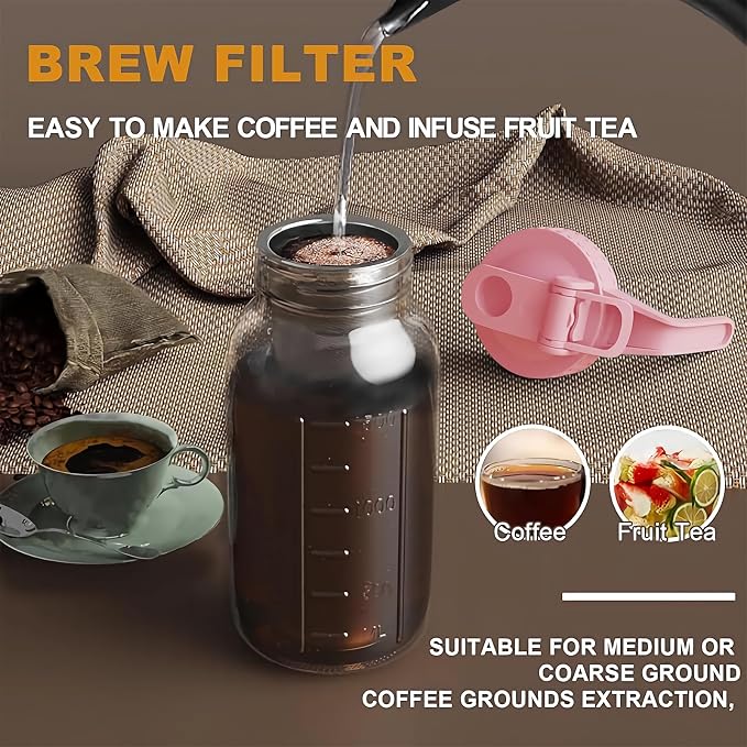 Cold Brew Coffee Maker, 64 oz Glass Mason Jar Pitcher | 100μm stainless steel filter, wide mouth design, leak-proof lid with handle, pour spout for iced coffee, tea and cold drinks