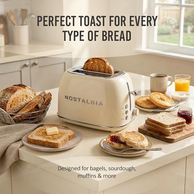 Nostalgia Classic Retro 2-Slice Toaster- Vintage Design- Enamel Coated Steel Body- Wide Slots for all Breads- Crumb Tray, Cord Storage- Defrost,Cancel and Bagel Function & 6 Toasting Levels- Cream