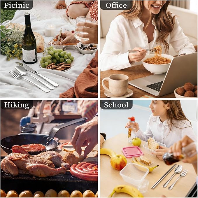Travel Utensils with Case, Stainless Steel Portable Cutlery Set, Lunch Box Silverware for Work Camping Picnic, Reinforced Case with Snap-Lock Closure, Include Fork Spoon Knife Chopsticks, Silver