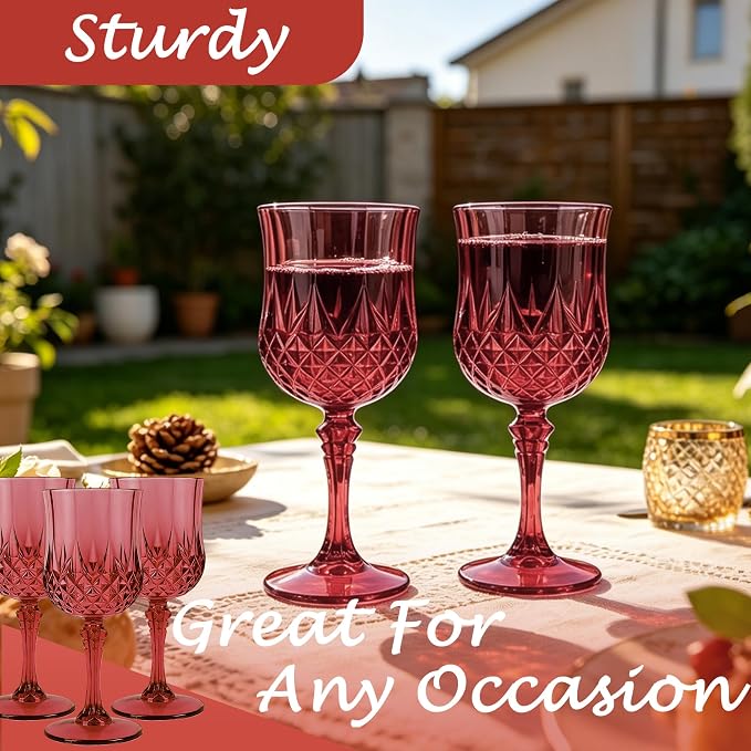 24Pack Plastic Wine Glasses, 7oz Vintage Goblets for Wedding | Unbreakable Crystal Style Reusable Stemware, Elegant Burgundy Drinking Glass for Party Anniversary & Holiday Celebration