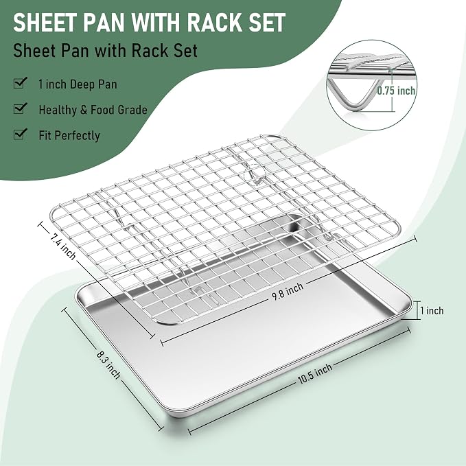 Homikit Cookie Sheet with Rack (2 Small Baking Sheets+2 Racks), 10 x 8 Inch | Stainless Steel Baking Sheet with Wire Rack Set for Baking Roasting Cooling, Toaster Oven Pan Bacon Tray with Cooling Rack