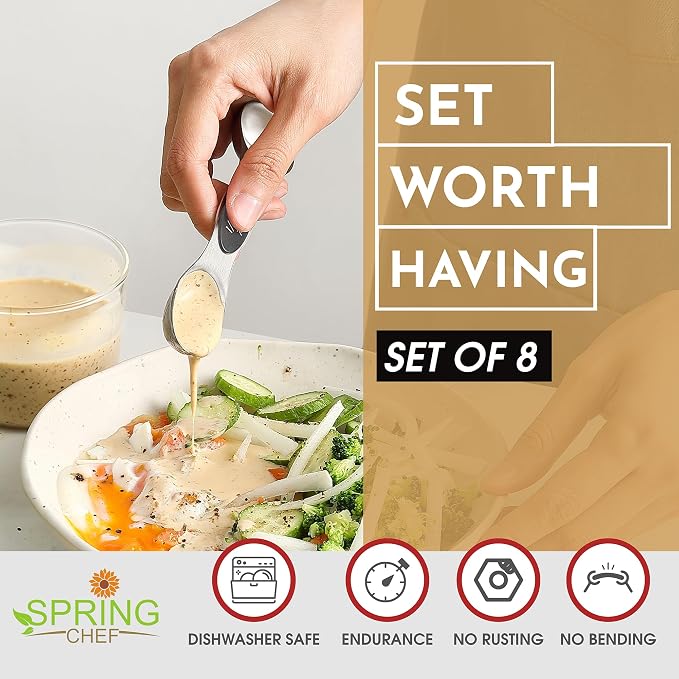 Spring Chef Stainless Steel Magnetic Measuring Spoons Set of 8, Gray | Stackable Metal Teaspoon & Tablespoon Measuring Spoons with Leveler for Dry & Liquid Ingredients, Dual Sided, Dishwasher Safe