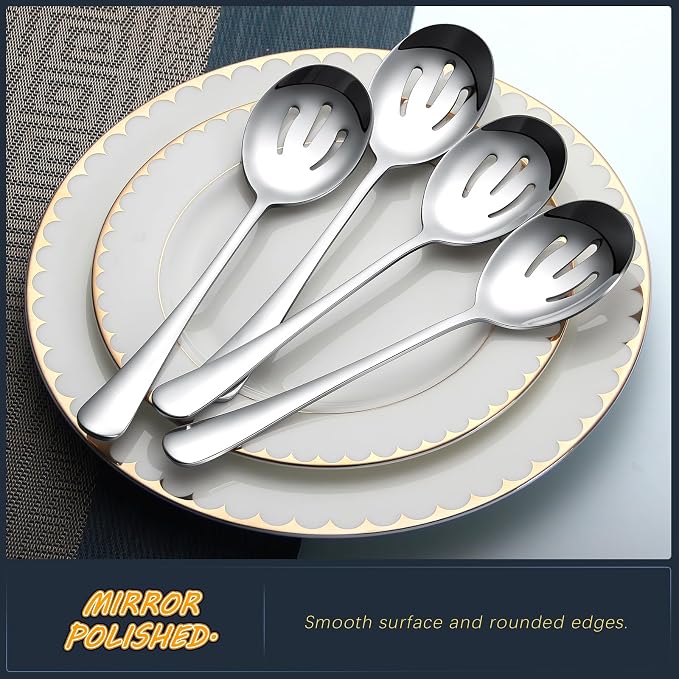 Serving Spoons 8.7 Inches Slotted Serving Spoon Large Cutlery for Catering Buffet, Mirror Polished, Dishwasher Safe, 4 Pieces