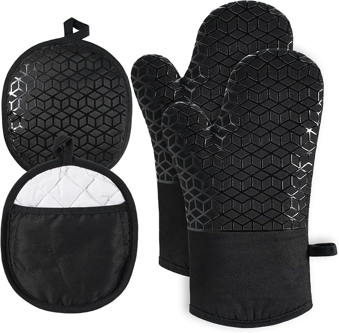 Oven Mitts and Pot Holders, 500°F Heat Resistant, Black | Oven Mitts Sets, Silicone Oven Gloves Featuring Non‑Slip Textured Grip, Perfect For Cooking, Baking and Grilling