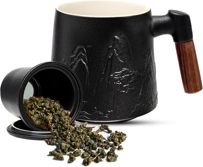 suyika Ceramic Tea Cup with Infuser and Lid 15.2 oz / 450 ml | Gradient Embossed, Large Tea Mug, Wooden Handle Tea Lover Gifts