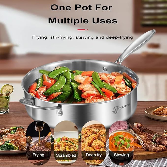 LOLYKITCH 8-10 Inch Frying Pans & 6-Quart Saute Pan with Lid | Set | Tri-Ply Stainless Steel Cookware | Dishwasher and Oven Safe | Detachable Handle | Compatible for All Cooktops