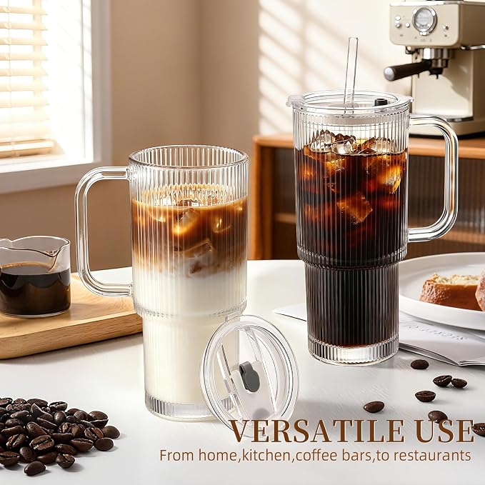 Iced Coffee Cups with Lids: Coffee Bar Accessories - Ribbed Glass Tumbler with Straw and Lid 4 Pack - 24oz Tumbler Leak Proof - Glass Cups Tumbler with Lid and Straws - Coffee Tumbler with Handle700ml