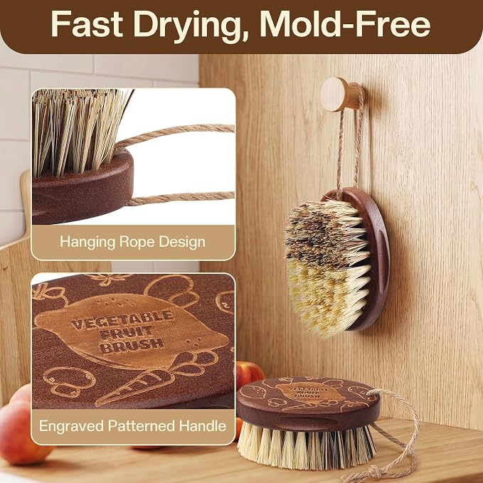 Vegetable and Fruit Cleaning Brush Scrubber Beechwood Handle Fruits Veggie Wash Brushes Potato Carrot Cucumber Mushrooms Washing Cleaner(Beige Brown, 1)
