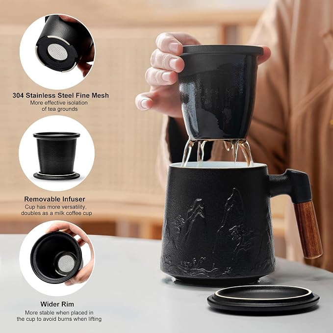 suyika Ceramic Tea Cup with Infuser and Lid 15.2 oz / 450 ml | Gradient Embossed, Large Tea Mug, Wooden Handle Tea Lover Gifts