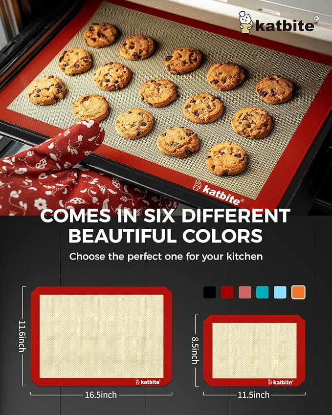 Katbite Silicone Baking Mat Set of 3 Red | 2 Half Sheets Mats + 1 Quarter Baking Sheet, Reusable & Nonstick Bakeware Mats for Cookies, Macarons, Bread