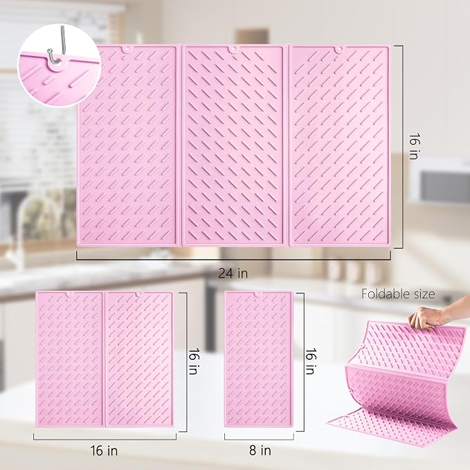 Pink Silicone Dish Drying Mat for Kitchen Counter, Collapsible Trifold Large Dish Drainer Mat, Drying Mat with Hook, 24x16In Non-Slip Silicone Sink Mat, Easy to Clean