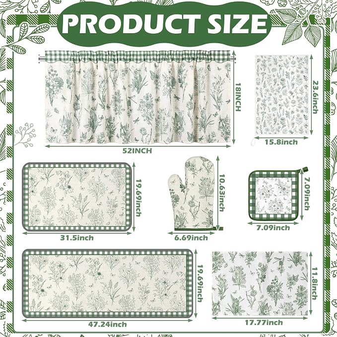 Fourluoo 16 Pcs Green Floral Kitchen Decor Set Kitchen Towels Non Slip Rugs and Mats for Floor Oven Mitts Gloves Pot Holders Placemats Art Abstract Curtains for Home Decoration Gift