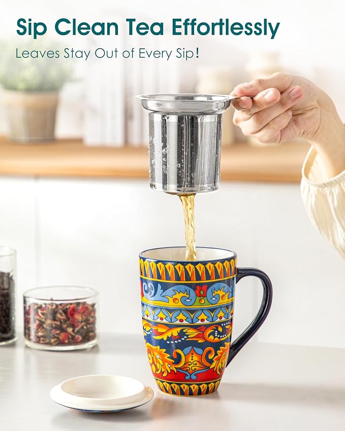 vancasso 18 Oz Tea Infuser Mug with Lid, Midnight Peacock | Eye-Catching Bohemian Pattern, Adds Charm to Any Tea Corner, Ceramic Mug with Infuser, Microwave and Dishwasher Safe