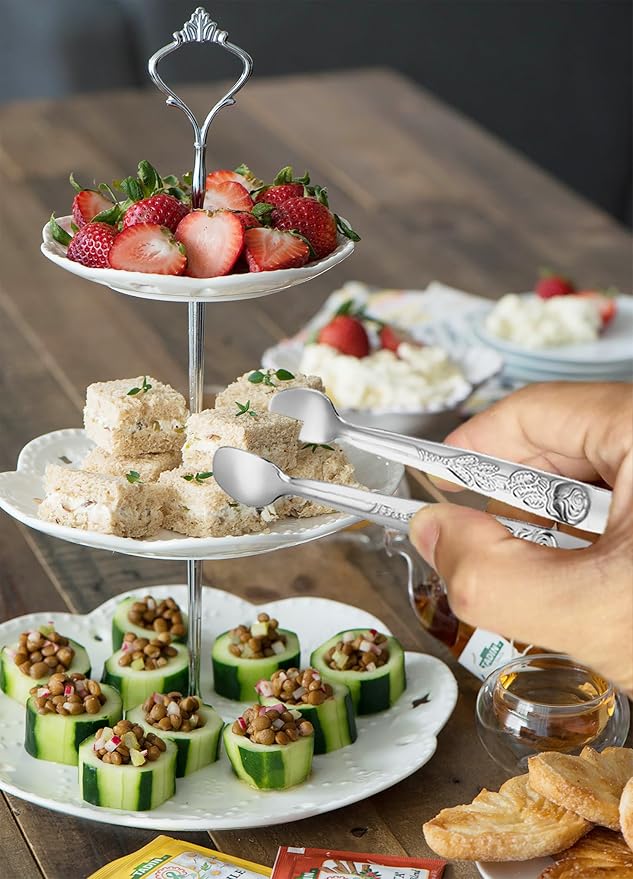 HINMAY 6PCS Mini Serving Tongs 5-Inch Small Sugar Tongs (Silver) | Tiny Stainless Steel Kitchen Tong for Appetizers, Tea Party, Coffee Bar, Desserts