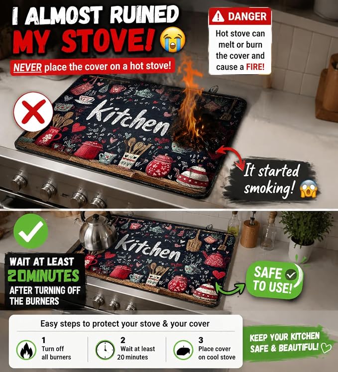 Electric Stove Top Cover for Glass Top, Chalkboard Kitchen Decor – Heat Resistant Flat Stove Top Covers, Decorative Scratch Protector Mat for Glass Ceramic Cooktop, Non-Slip, 28"x20"