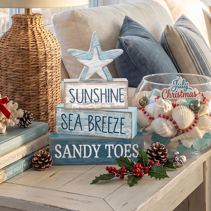 Lineshading 4 Pcs Wooden Starfish Summer Coastal Table Block Signs | Stackable Tiered Tray Decor, Beach Home Accents with Distressed Wood Finish, Nautical Starfish Topper for Coastal Shelves