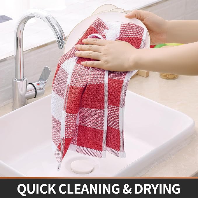 Homaxy Kitchen Towels and Dishcloths Set, Set of 8, White & Red | Bulk Cotton Waffle Weave Check Plaid Kitchen Towels, Super Soft and Absorbent Dish Cloths, 12 x 12 and 13 x 28 Inches