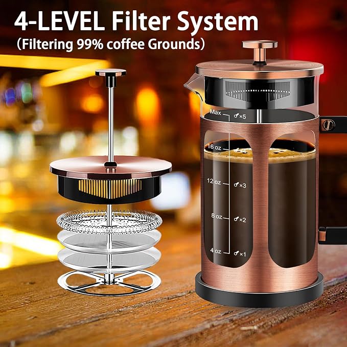 YMMIND French Press Coffee Maker (21oz 600ML 3-4Cup) Coffee Press, with 4 Filters System, Heat Resistant Thickness Borosilicate Glass, Cold Brew Coffee Tea Pot Gifts (Copper)