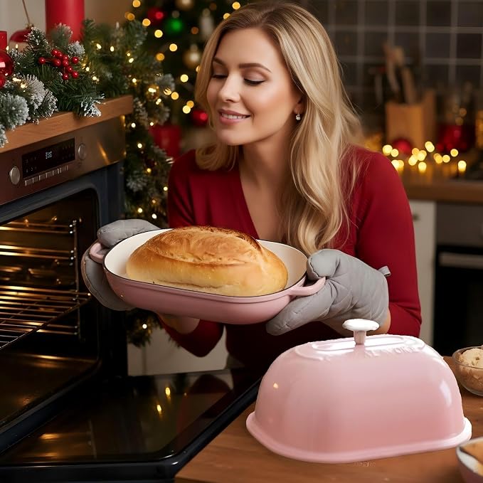 Cast Iron Bread Oven,6 QT Bread Oven,Thick Enameled Loaf Pan with Lid,Bread Pans for Homemade Bread,14.5"Dutch Oven for Bread Baking,Dutch Oven-with Silicone Baking Mat&Recipe,Gifts for Family,Pink
