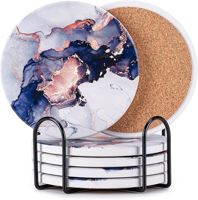 6Pcs Absorbent Coasters Set with Holder,Ceramic Drink Coaster,4 in（A4） | Marble Style Ceramic Drink Coaster,Suitable for Kinds of Cups,Modern Style Coaster for Coffee Table