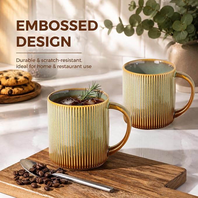 theterra Ceramic Coffee Mugs Set of 6, 14.2 oz Coffee Cups with Handle | Handmade, Suitable for Latte, Tea, Milk, Beer & Hot Cocoa, Sage Umber