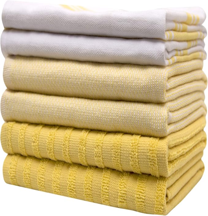 Premium Kitchen Towels 6 Pack 100% Cotton 20"x28" Dish Towels - Yellow Wide | Large Flat & Terry Kitchen Linen Set with Hanging Loops, Highly Absorbent for Washing and Drying Dishes