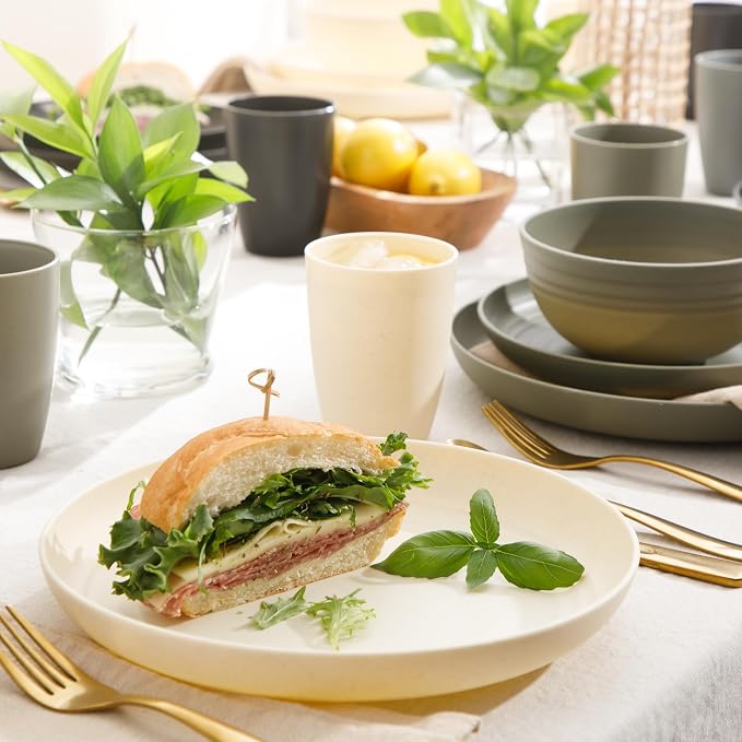Gibson Home Plates and Bowls Set, 32 Piece Wheat Straw Dinnerware for 8 | Carmel Haze Collection - Dishes, Dishware, Matte, 4 Assorted Colors, Tumblers, Unbreakable, Lightweight, Dishwasher Safe