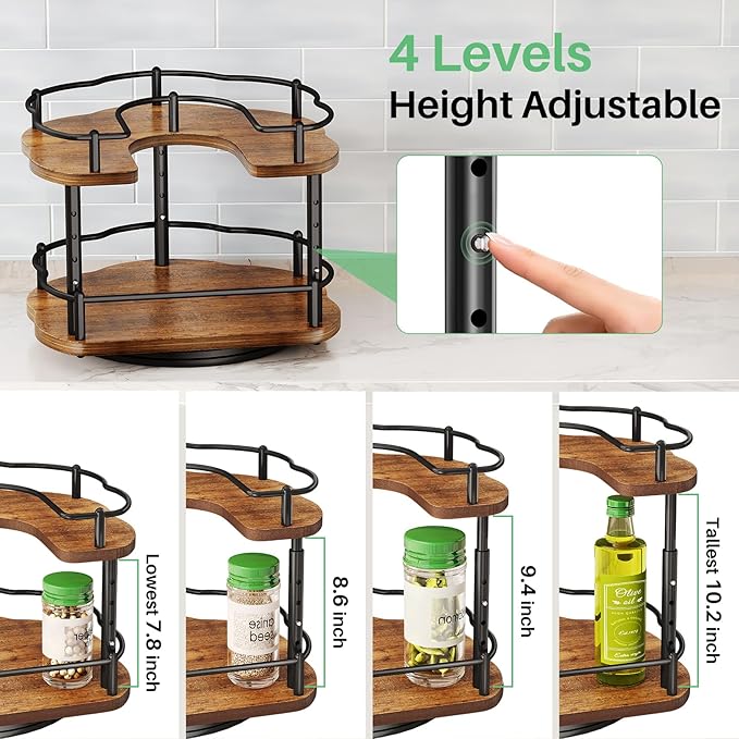 Spice Organization for Cabinet, Lazy Susan Spice Rack, 10 in, Black | Height Adjustable, Rotating Spice Organizer for Countertop, Fits Cabinets Wide＞ 11 in, Height ＞10.5 in