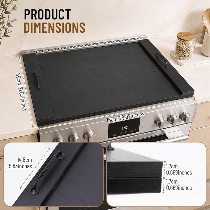 Stove Top Cover, 29.5 x 22 in Noodle Board for Electric Range and Gas Cooktop, Wooden Range Cover with Handles, Farmhouse Kitchen Decor