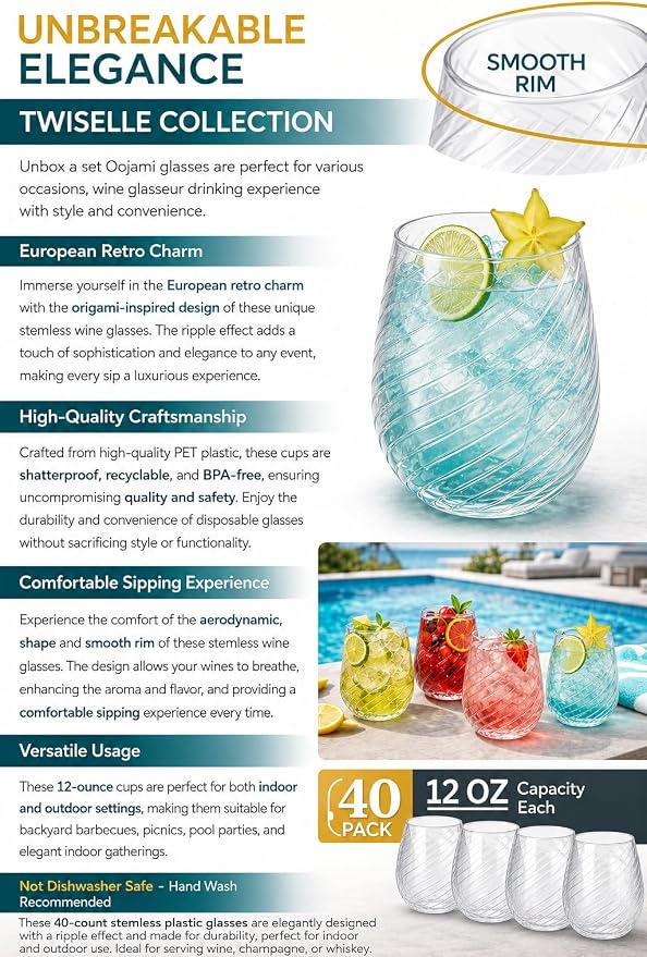 Oojami 40 Pack 12 oz Disposable Wine Glasses Stemless Ribbed Plastic Cups | Shatterproof Unbreakable BPA-Free, Recyclable Reusable Cocktail Champagne Whiskey Wine Cups for Wedding Birthday Party