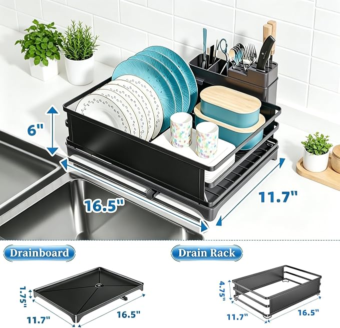 Simple Trending Dish Drying Rack for Kitchen Counter, 11.7" x 16.5", Black | Stainless Steel Dish Rack for Kitchen Counter, Dish Drainer with Cutlery & Cup Holders, Anti-Rust, Counter Space Saving