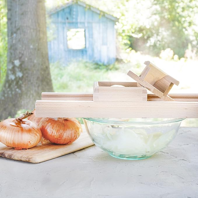 Compact Wooden Cabbage Shredder Slicer with Hand Guard for Finely Cut Sauerkraut and Coleslaw - Natural Unfinished Beech Hardwood with Stainless Steel Blades