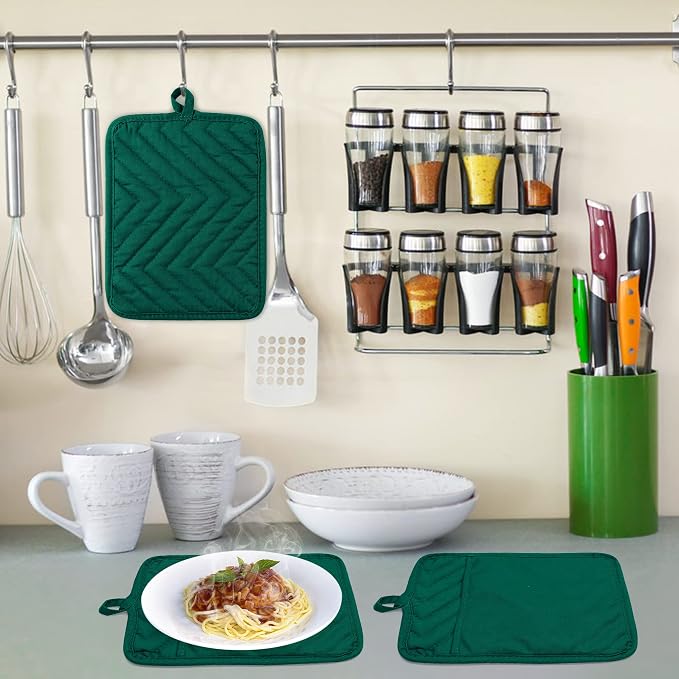 5Pack Pocket Pot Holders Cotton Heat Resistant Potholder Multipurpose Hot Pads Machine Washable Oven Mitts Heat Pads for Daily Kitchen Baking and Cooking 8.9 x 6.9 in Dark Green