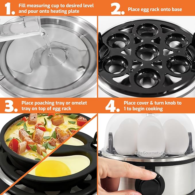 Elite Gourmet EGC724SS Egg Boiler Cooker, 7-Egg Poacher/Omelet Maker, Steel | Cooks soft, medium, or hard-boiled eggs, also scrambles - auto shut-off with buzzer - measuring cup included - BPA-free