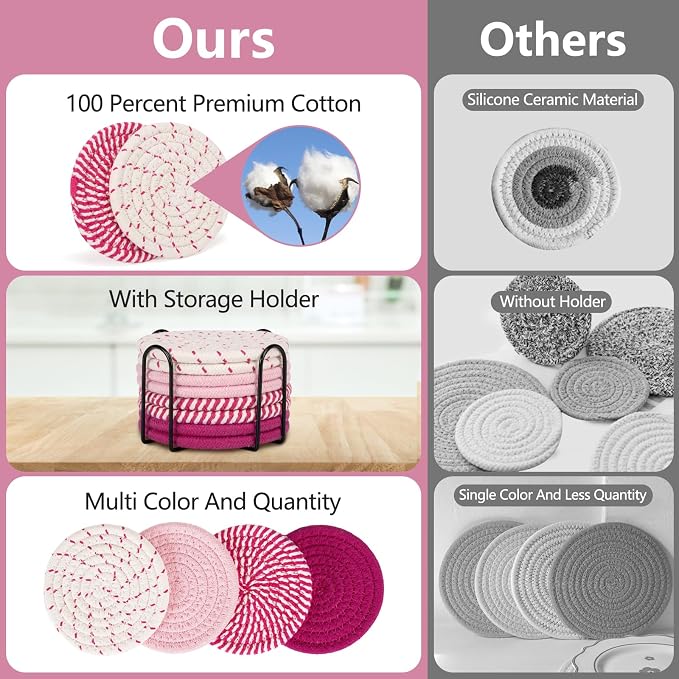 Coasters for Drinks Absorbent, Coasters Set of 4 - Color, 8 Pack Pink Coaster for Desk, House Essentials for New Home, Kitchen and Dining Coffee Table Decor, Modern Home Decor