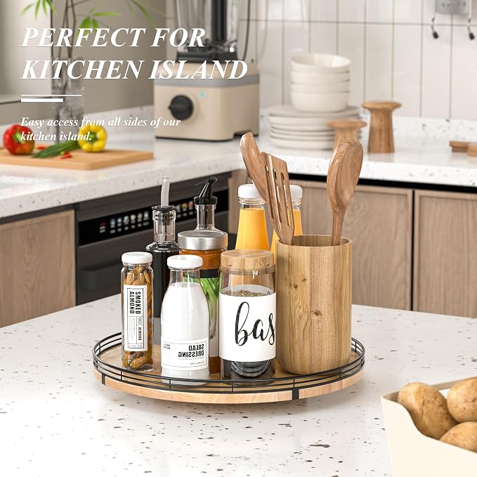 AMH 16-Inch Farmhouse Oak Lazy Susan Organizer for Table and Cabinet | Smooth rotating oak tray with walnut finish for dining tables, kitchen counters, pantries and cabinet storage.