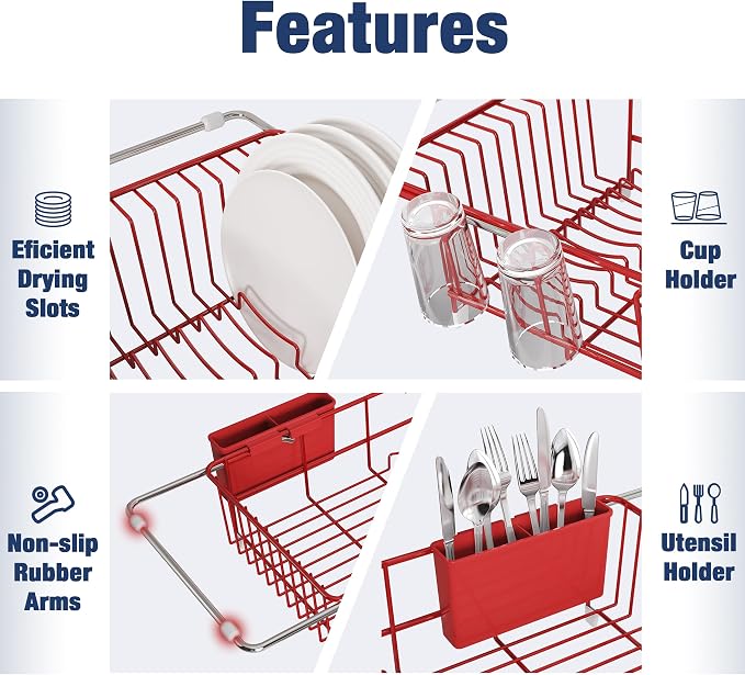 JASIWAY Red Dish Drying Rack in Sink with Drainboard and Utensil Holder | Use Over the Sink or Counter, Stainless Steel Expandable Dish Drainer for Small Kitchen, Space Saving, Fast Drain, Rustproof