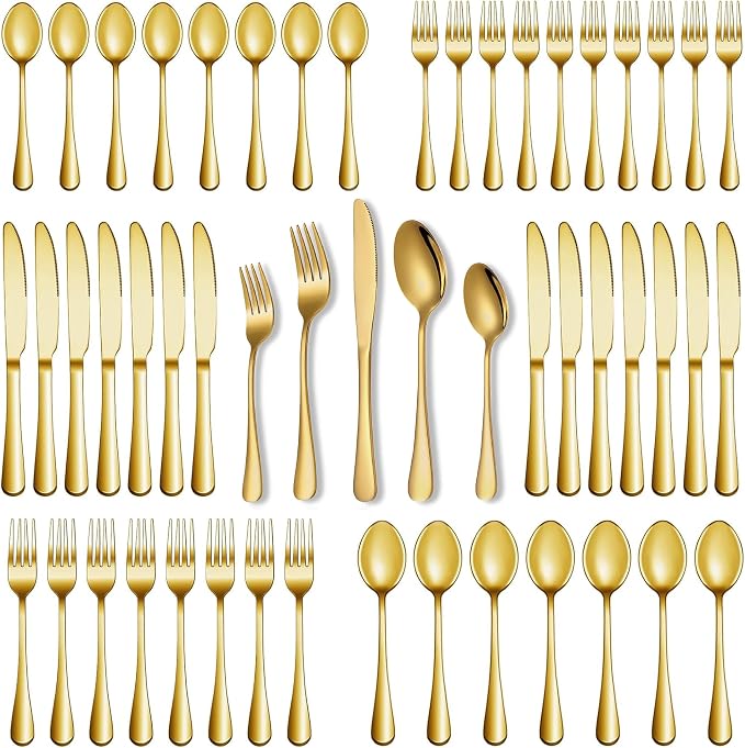 Runfly 40-Piece Gold Flatware Set, Stainless Steel Cutlery Set for 8 | Mirror Polished Durable Utensil Set Includes Knife Fork Spoon for Home Kitchen Restaurant Tableware