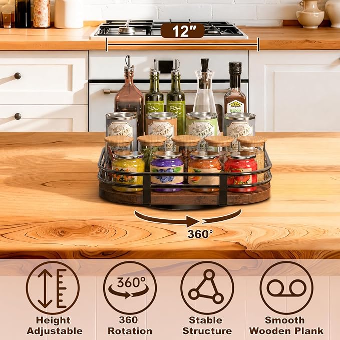 12" Large Lazy Susan Turntable Organizer -Rotating Spice Rack for Table Top | Wood Spice Cabinet Organizer for Pantry Kitchen Countertop Coffee Bar Cupboard Bathroom Vanity Storage