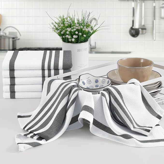 Homaxy Premium Cotton Stripe Kitchen Towels 12 Pack, 18"x 28", Black | Large 380 GSM Kitchen Hand Towels, Soft Terry Dish Towels, Highly Absorbent Tea Towel Set with Hanging Loop