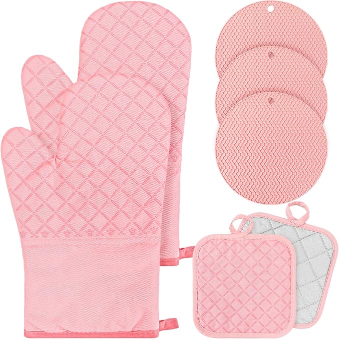 Pink Oven Mitts and Pot Holders 7 Sets, Pink, Rubber Cotton, Honeycomb | Heat Resistant Kitchen Gloves, Pads Pot Holders for Women, Chritsmas Gifts Kitchen Accessories Gift