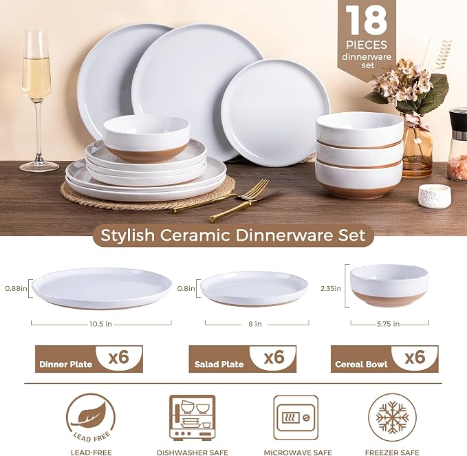 AmorArc Dinnerware Sets for 6, 18 Pieces Ceramic Plates and Bowls Set | Scratch Resistant Stoneware Dishes Set, Dishwasher & Microwave Safe,White