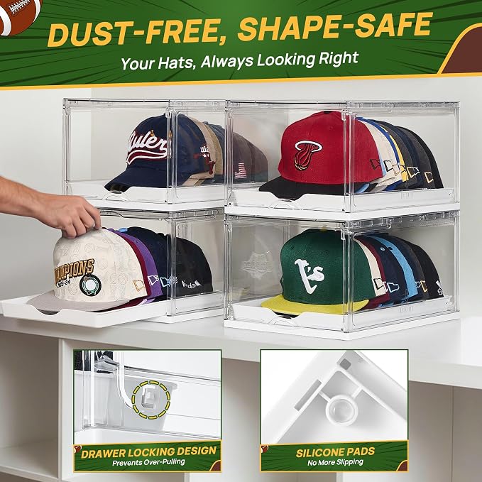 Vtopmart 1 Pack Stackable Baseball Caps Organizer, Each Holds 12 hats | with Sliding Drawer, Magnetic Door, Stackable, Transparent