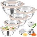 TeamFar Mixing Bowls, Stainless Steel Salad Serving Bowl with Clear Lids | with 3 Graters, For Kitchen Cooking Prepping Storing, Size 4.6/2.6/1.5/1/0.7 QT, Nesting & Airtight, Set of 5 & Khaki