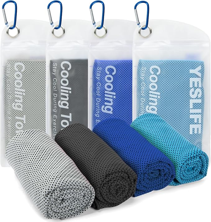 YESLIFE Cooling Towels, 4-Pack 40"x12", Multicolor Set D | Microfiber gym towels, soft breathable neck wrap, cooling towel for yoga running sport camping, Black Dark Blue Blue Grey