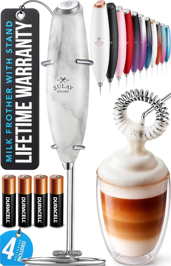 Zulay Kitchen Powerful Milk Frother Wand With Duracell Batteries - Ultra Fast Handheld Drink Mixer - Electric Whisk Foam Maker for Coffee, Lattes, Cappuccino & Matcha - Z1 Motor - Marble