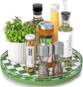 AMH 12-Inch Green and White Checkerboard Lazy Susan with Rubberwood Base | Smooth rotating oak tray with walnut finish for dining tables, kitchen counters, pantries and cabinet storage.